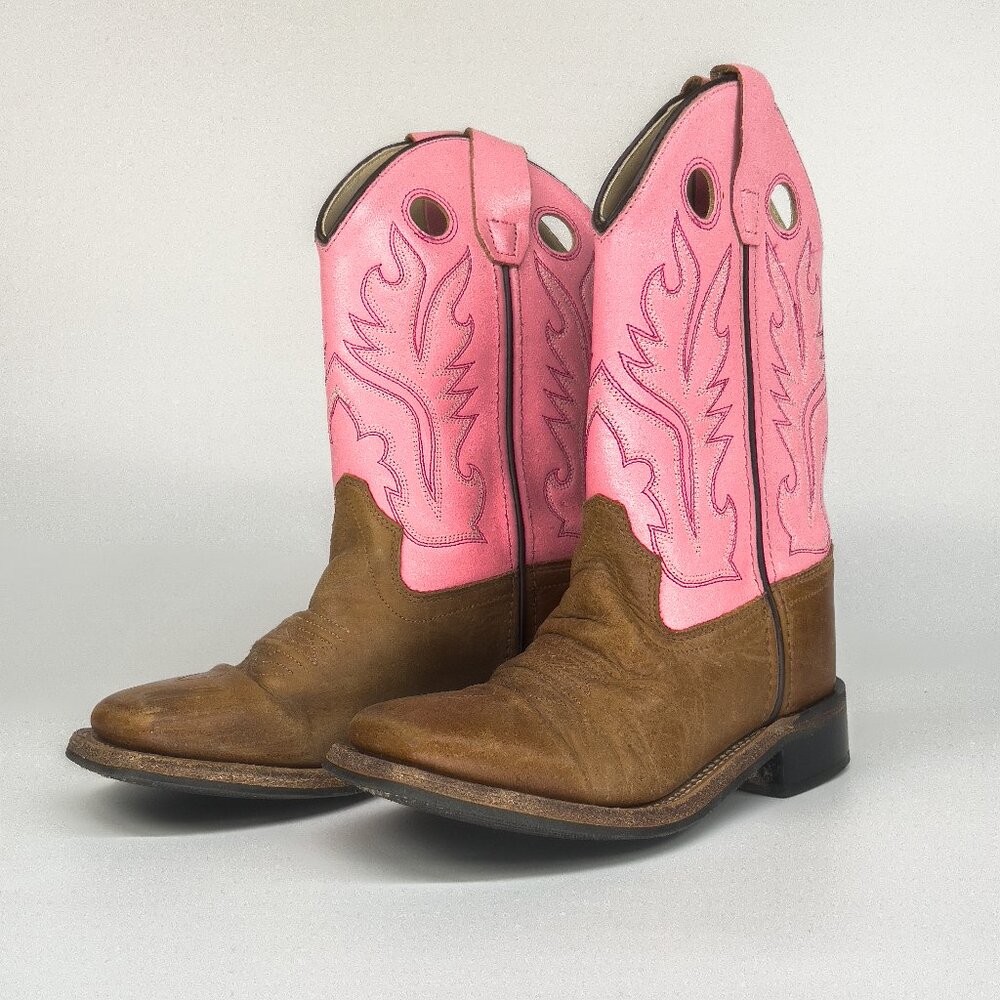 Old West Genuine Leather Cowboy Boots Pink Shaft Brown Foot Kids Size 11.5